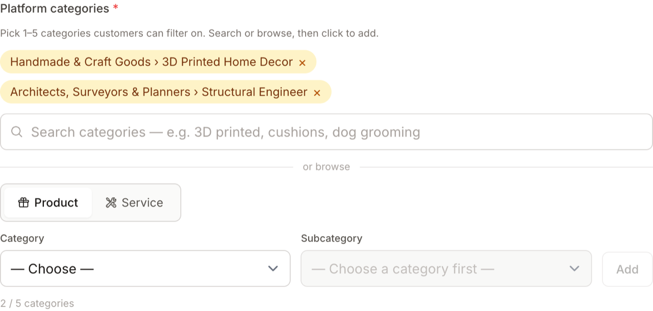 The category picker: search or browse, then click to add (up to five).