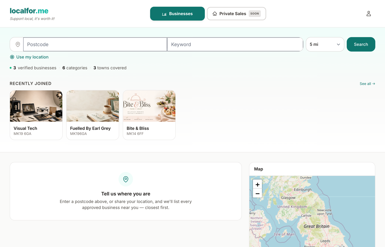 The Businesses directory — search by postcode and keyword.