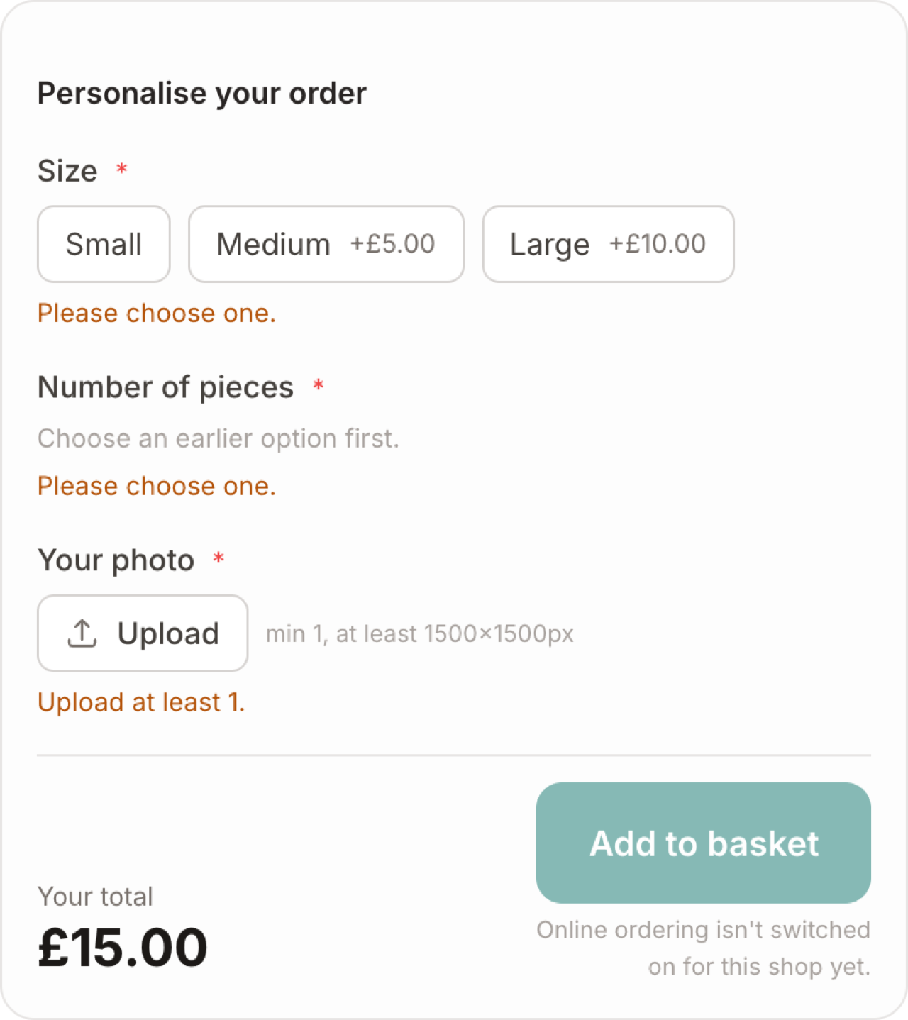 The options builder — add options, each with its own choices and prices.