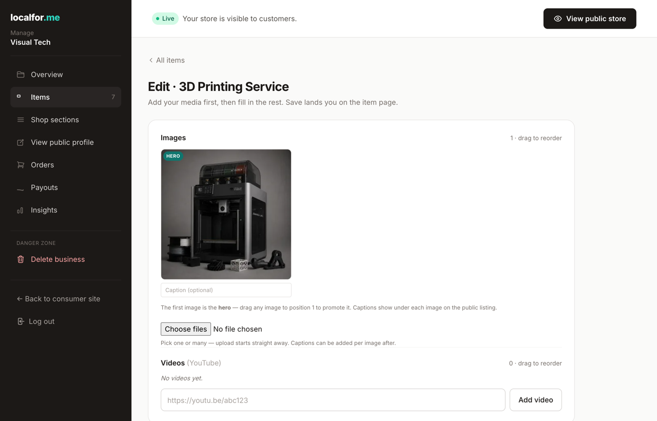 The item editor — add media first, then the details.