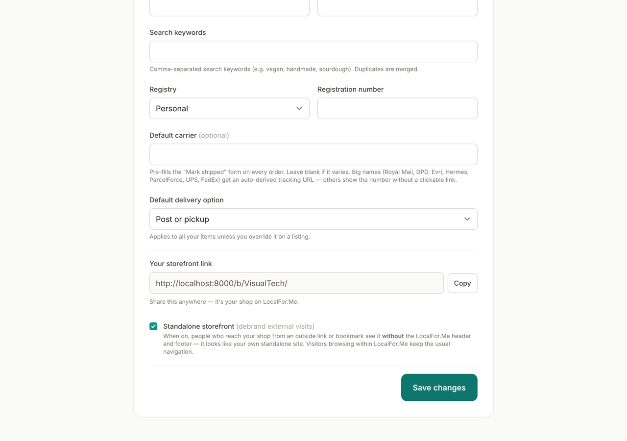 The storefront link and standalone setting in Edit listing